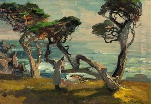 Cypress & Sea, The Artist's Wife Near The Carmel Coast by Franz Arthur Bischoff