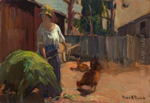 The Artist's Wife With A Hay Cart And Chickens by Franz Arthur Bischoff