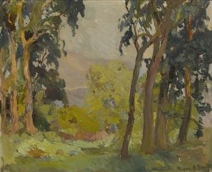 A Grove Of Trees With Mountains In The Distance by Franz Arthur Bischoff