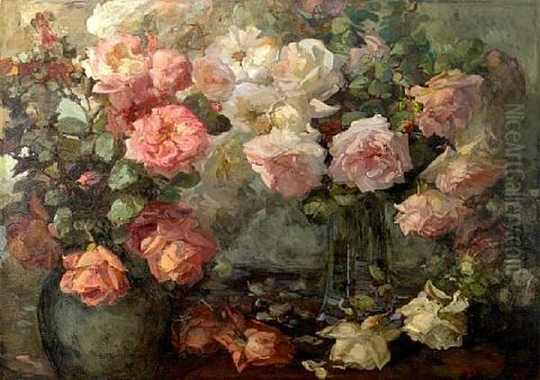 Pink And White Roses In Vases On A Table - view 1