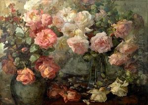 Pink And White Roses In Vases On A Table by Franz Arthur Bischoff