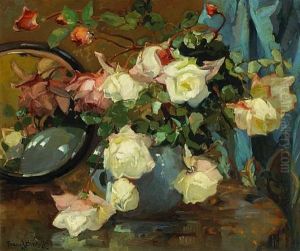 Roses In A Blue Vase On A Table With A Mirror