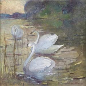 Three Swans By A Lake by Franz Arthur Bischoff