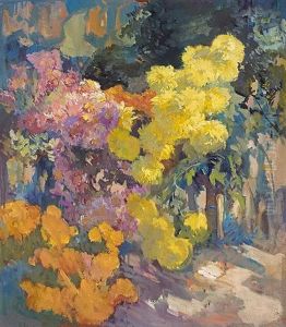 A Walkway Lined With Pink And Yellow Chrysanthemums by Franz Arthur Bischoff