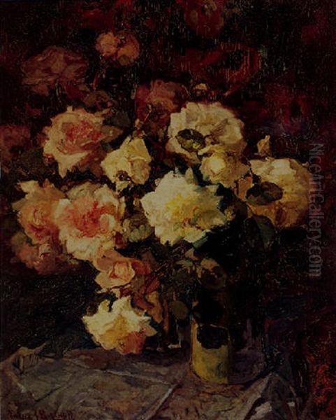 A Still Life With Pink And Yellow Flowers In A Vase - view 1