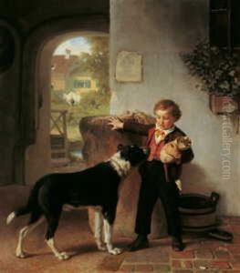 Futterneid. Ein Kleiner Junge Und Ein Groser Hund