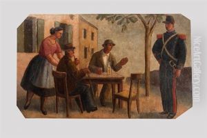 Femme Servant A Boire A Deux Hommes Atables Parlant Au Garde-champetre