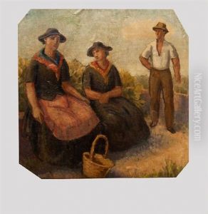 Deux Vigneronnes Assises Et Un Vigneron