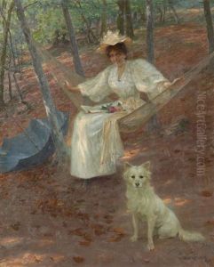 Femme A L'ombrelle Et Son Chien Dans Un Parc