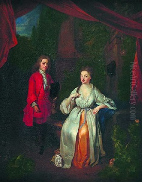 Artistocrats With Their Dog By A Fountain - view 1