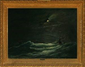 Ships At Sea In The Moonlight by Jens Bisgaard