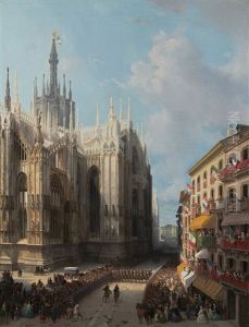 Veduta Del Fianco Settentrionale Del Duomo Di Milano; Ritorno Dal Te Deum La Mattina Del 9 Giugno 1859 by Luigi Bisi
