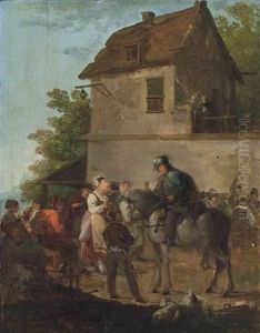 A Rider And Other Figures Merry Making Outside An Inn by Giuseppe Bernardino Bison