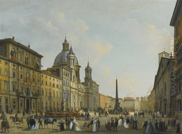 Rome, A View Of Piazza Navona With Elegantly Dressed Figures - view 1
