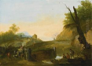 Evening Landscape With Travellers Crossing A Bridge by Giuseppe Bernardino Bison