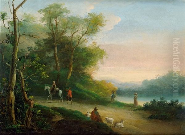 Pastorale Flusslandschaft Mit Hirten, Wanderern Und Reiterin - view 1
