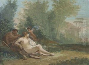 Paysage Avec Un Cupidon Couronnant Une Bacchante Assise, Un Satyre Derriere Elle by Giuseppe Bernardino Bison