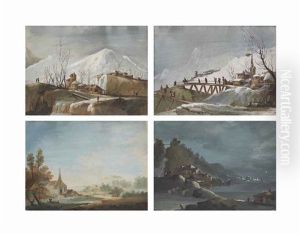 Quatre Vues: Deux Paysages Enneiges, Un Nocturne Et Un Paysage Lacustre (4 Works) by Giuseppe Bernardino Bison