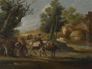A Landscape With Travellers; A Landscape With Soldiers (a Pair) by Giuseppe Bernardino Bison