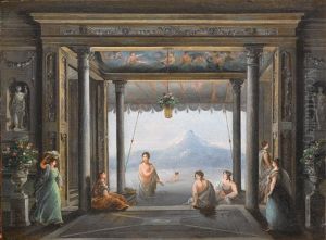 Elegante Figuren Im Foyer Der Fenice In Venedig; Und Eine Szene Aus Die Letzten Tage In Pompeij In Der Fenice In Venedig (pair) by Giuseppe Bernardino Bison