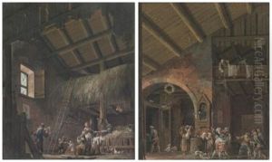 Barn Interiors With Figures (pair) by Giuseppe Bernardino Bison