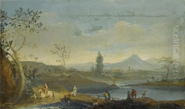 Weite Flusslandschaft Mit Reisenden Und Stadt - view 1