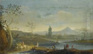 Weite Flusslandschaft Mit Reisenden Und Stadt