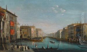 Venice, A View Of The Grand Canal From The Palazzo Balbi Looking Toward The Rialto Bridge With A Regata by Giuseppe Bernardino Bison