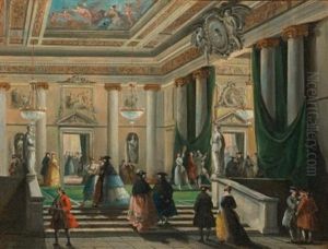 Figures In The Foyer Of La Fenice Theater, Venice (+ A Scene From The Last Days Of Pompeii Performed In La Fenice Theater, Venice; Pair) by Giuseppe Bernardino Bison