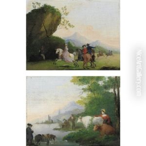 Paesaggio Con Cavalieri (+ Paesaggio Fluviale Con Contadini E Pescatori; Pair) by Giuseppe Bernardino Bison