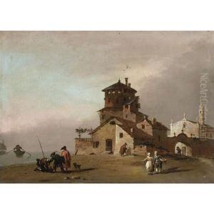 Veduta Di Citta Con Chiesa Ed Edificio Turrito, Con Figure E Imbarcazioni Fuori Dalle Mura Veduta Di Citta Con Chiesa Ed Edificio Turrito, Con Figure E Imbarcazioni Fuori Dalle Mura