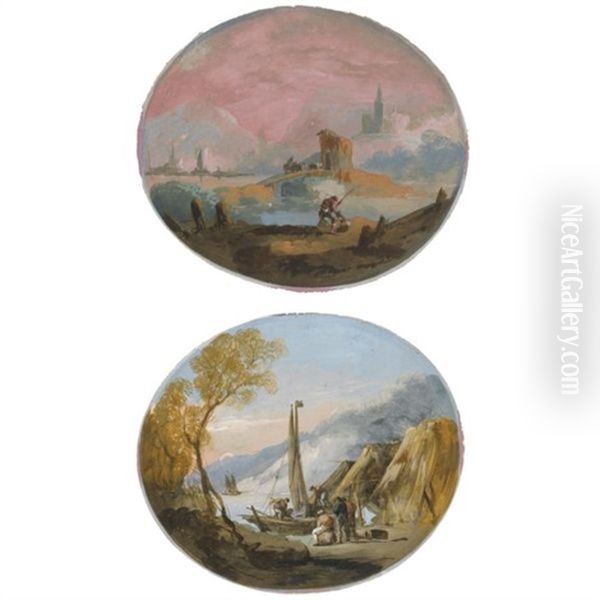 Pair Of Oval Capriccio Landscapes With Figures By A Lake, One With A Bridge And Buildings, The Other With Straw Huts Near The Shore And Both With Boats - view 1