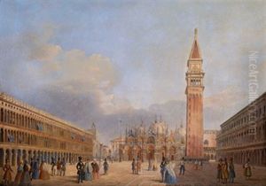 Ansicht Der Piazza San Marco, Venedig, Mit Figurlicher Staffage Und Der Basilika Im Hintergrund
