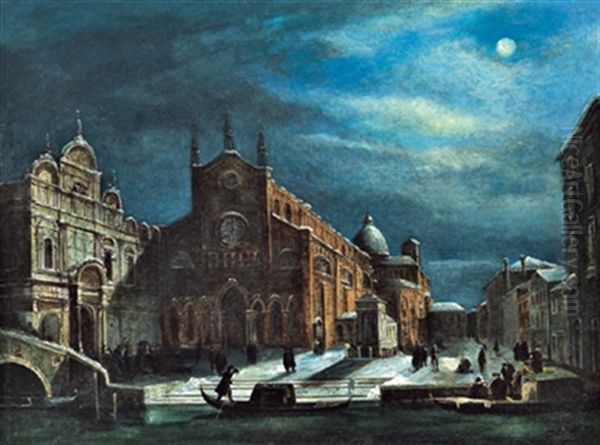 La Chiesa Dei Santi Giovanni E Paolo, Con La Scuola Di San Marco E Il Monumento Equestre Di Colleoni Al Chiaro Di Luna A Venezia D'inverno - view 1