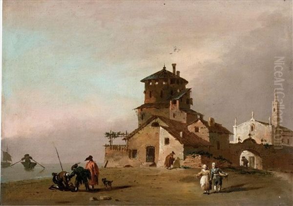 Veduta Di Citta Con Chiesa Ed Edificio Turrito, Con Figure E Imbarcazioni Fuori Dalle Mura - view 1