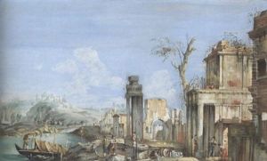 A Capriccio Lake Landscape With Ruins And Figures By A Well
