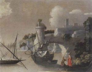 A Coastal Inlet With Moored Boats, A Turk On The Shore With A Stevedore, A Tower And Archway Beyond