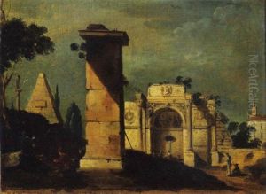 Edicola Antica, Pilastro E Piramide Con Astanti In Primo Piano by Giuseppe Bernardino Bison