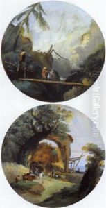 Paesaggio Alpino Con Due Viandanti Ed Un Cane Su Un Ponte Sospeso by Giuseppe Bernardino Bison