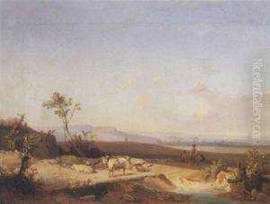 Paesaggio Con Pastore, Gregge E Viandante by Giuseppe Bernardino Bison