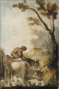 A Shepherd Crossing A Ford With A Cow And A Donkey, A Farmhouse Beyond A Shepherd Crossing A Ford With A Cow And A Donkey, A Farmhouse Beyond