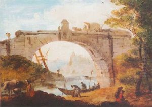 A View Of A Classical Bridge With Workmen And Other Figures On The Riverbank In The Foreground by Giuseppe Bernardino Bison