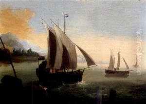 Dutch Merchant Ships Off A Rocky Coastline With Fishermen In The Foreground by Giuseppe Bernardino Bison