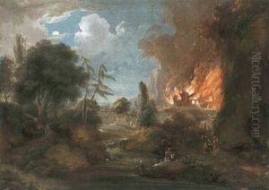 Paesaggio Fluviale Con Casolare In Fiamme Sullo Sfondo by Giuseppe Bernardino Bison