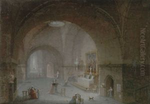 Church Interior With Figures Praying At An Altar by Giuseppe Bernardino Bison