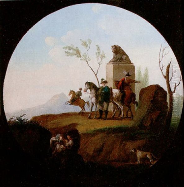 A Mountainous Landscape With Riders Before A Monument Of A Lion - view 1