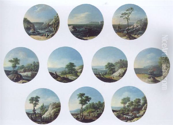 Figures On A Mediterranean Coastline With Vessels In Choppy Waters At Sunset - view 1