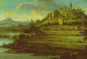 Venezianische Landschaftphantasie Mit Einer Bergstadt, Ruinen Und Zwei Pilgern