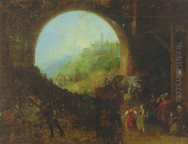 Peasants Drinking And Merrymaking In A Barn, A Hilly Landscape Beyond - view 1