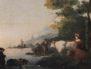 A Milmaid, Fishermen And A Drover On A Riverbank